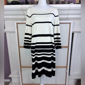 LOFT Black and White Striped Long Sleeve Ponte Knit/Sweater Dress